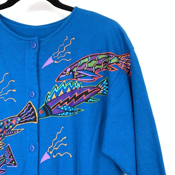 VTG 80s Basic Threads Jumpsuit Womens Apx Sz S Blue Fish Graphics Art To Wear - Picture 3 of 6